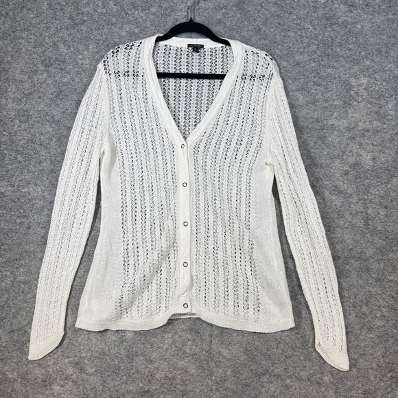 Lafayette 148 White Open Knit Cardigan Size XL Lightweight Button Front Sweater - Picture 3 of 15